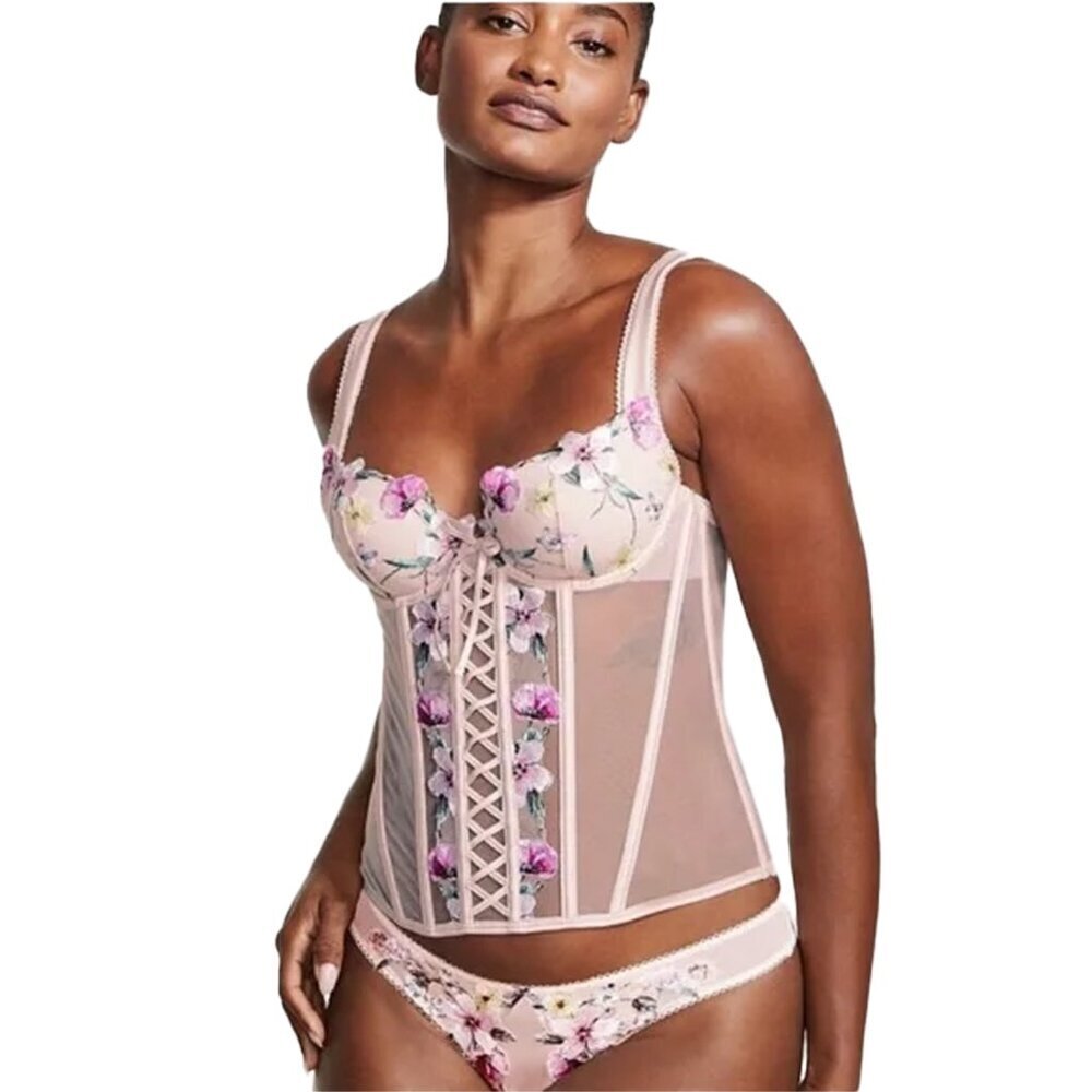 Victoria Secret Victorian Floral Embroidered Mesh Corset Pink Women XS